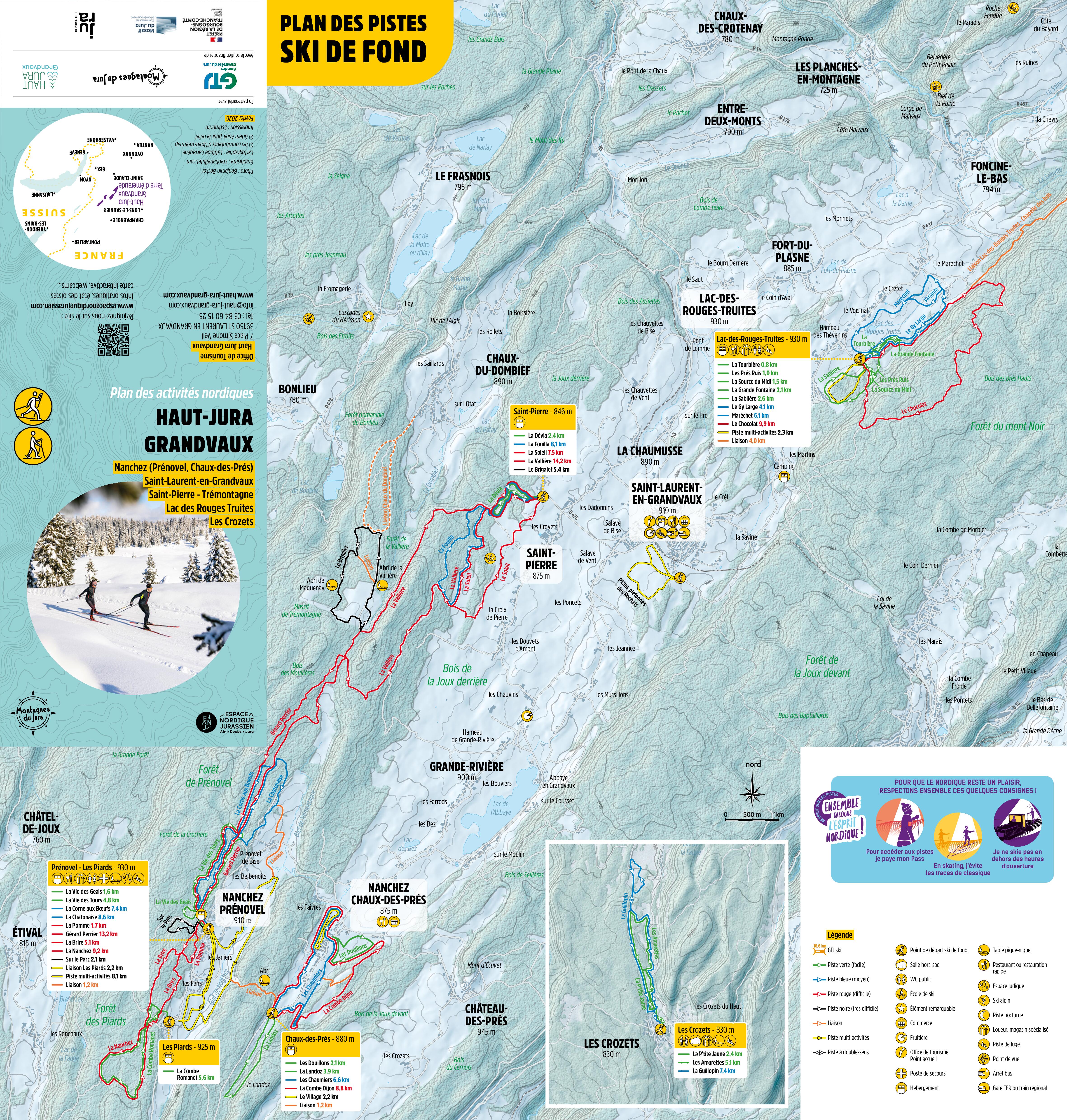 Plan des itinéraires raquettes & ski nordique du Grandvaux 2026 