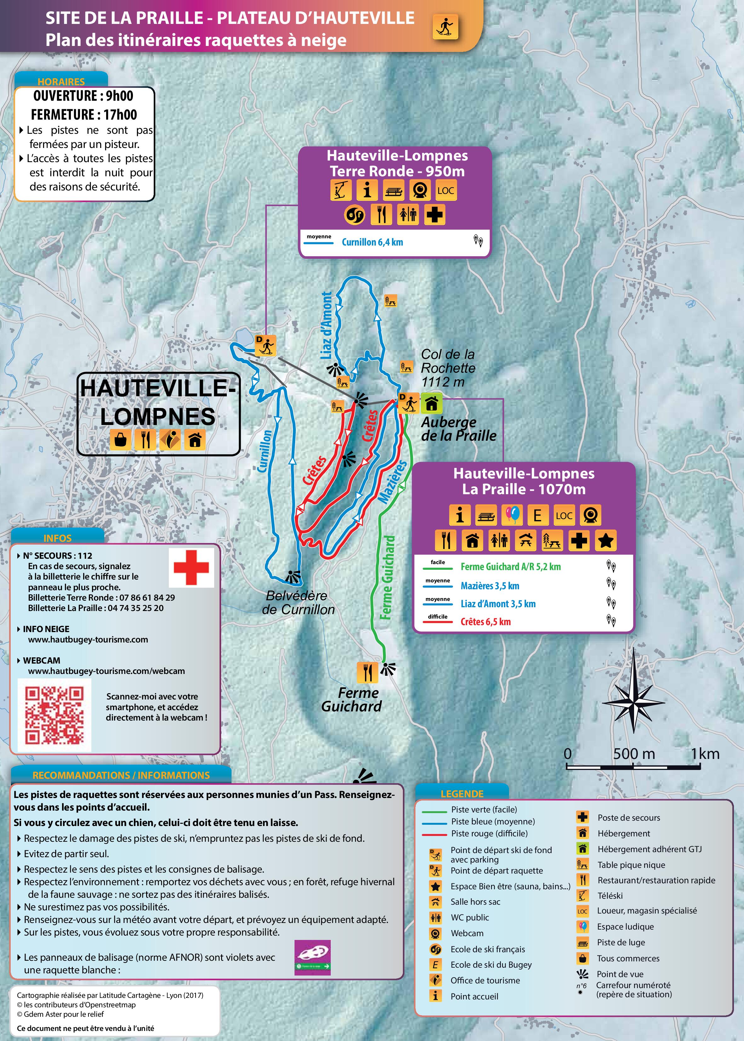 Plan des pistesraquettes à neige Plateau d'Hauteville 