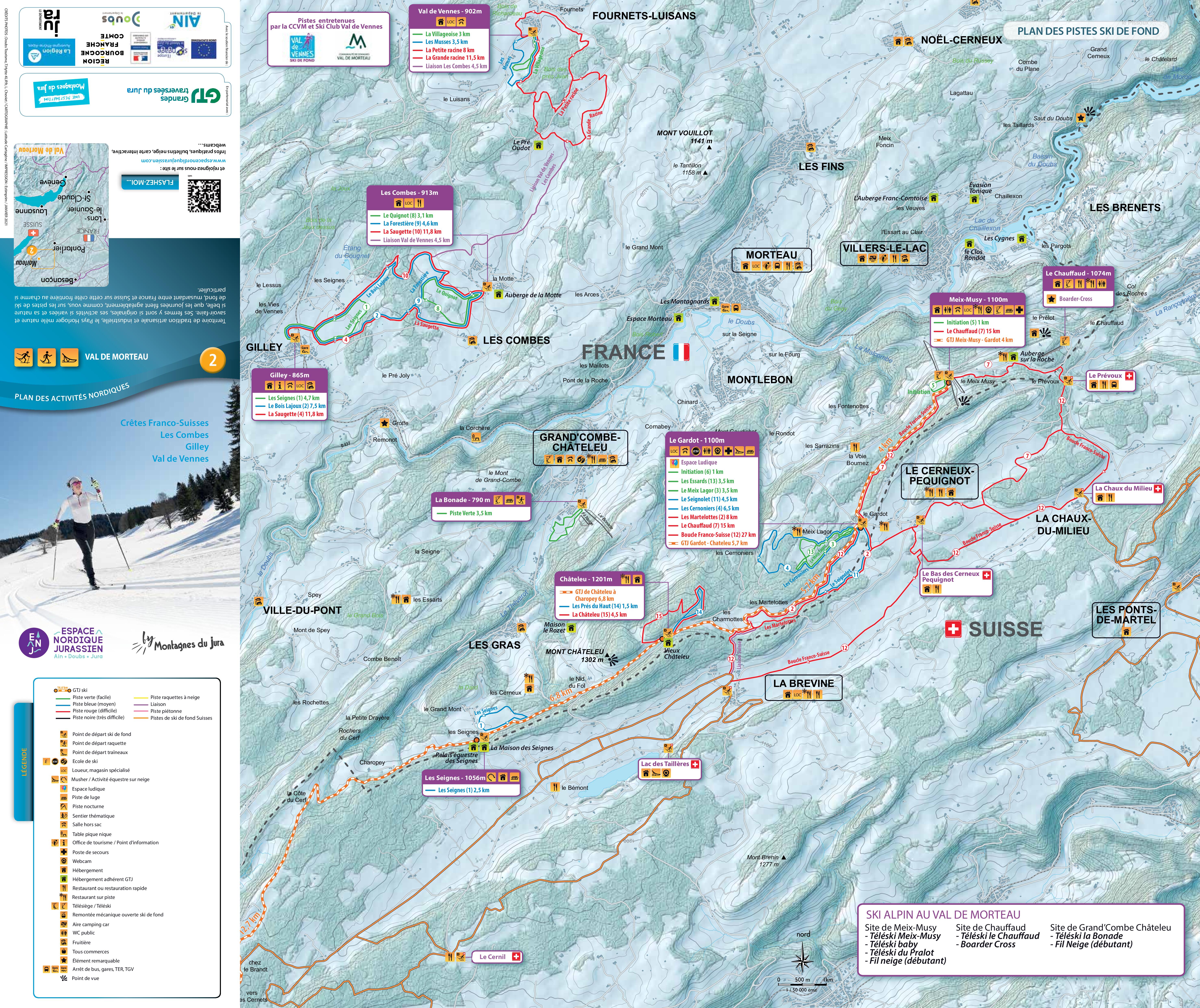 Plan des pistes ski de fond Val de Vennes / Val de Morteau  