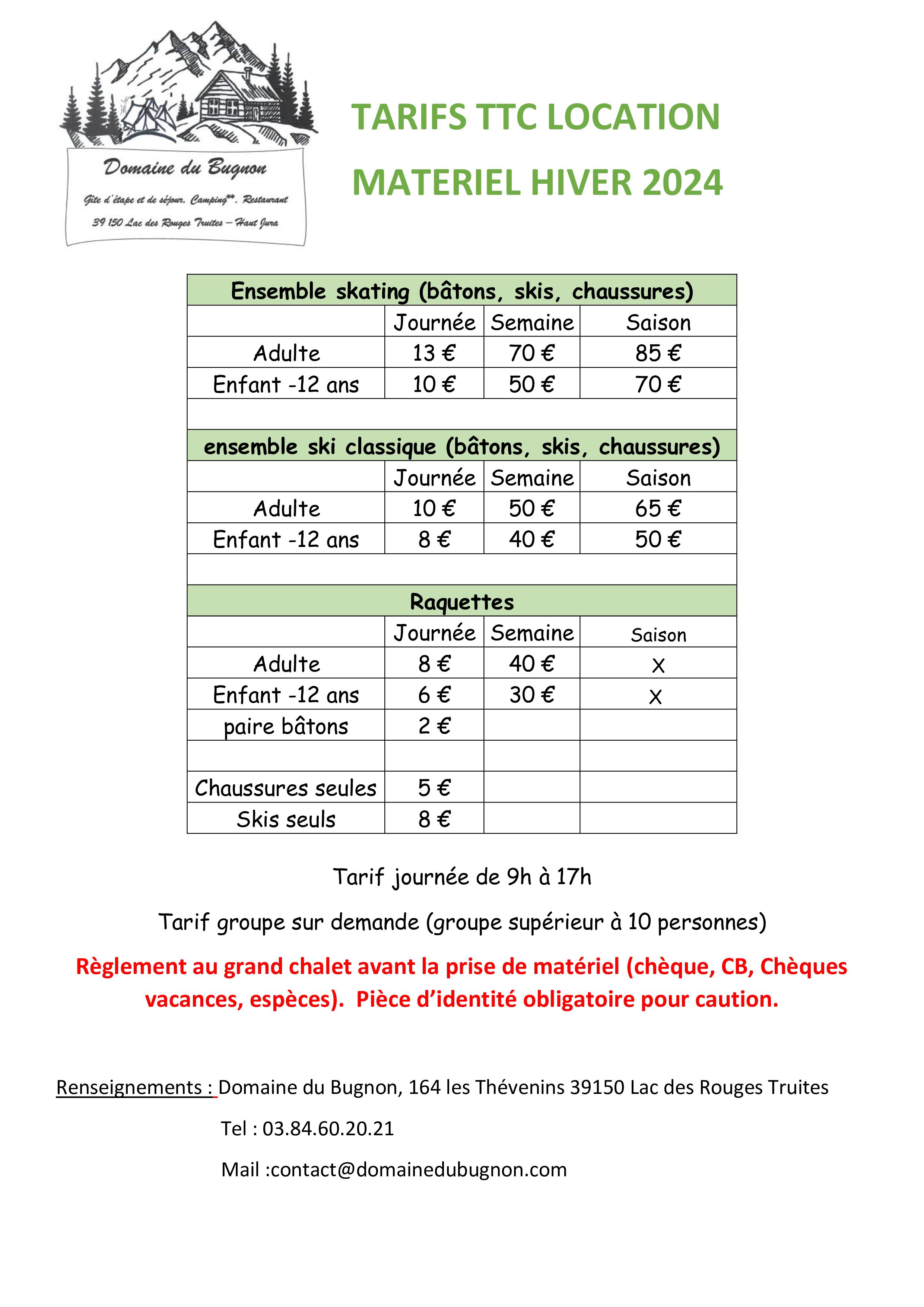 Tarifs location matériels hiver 2024 