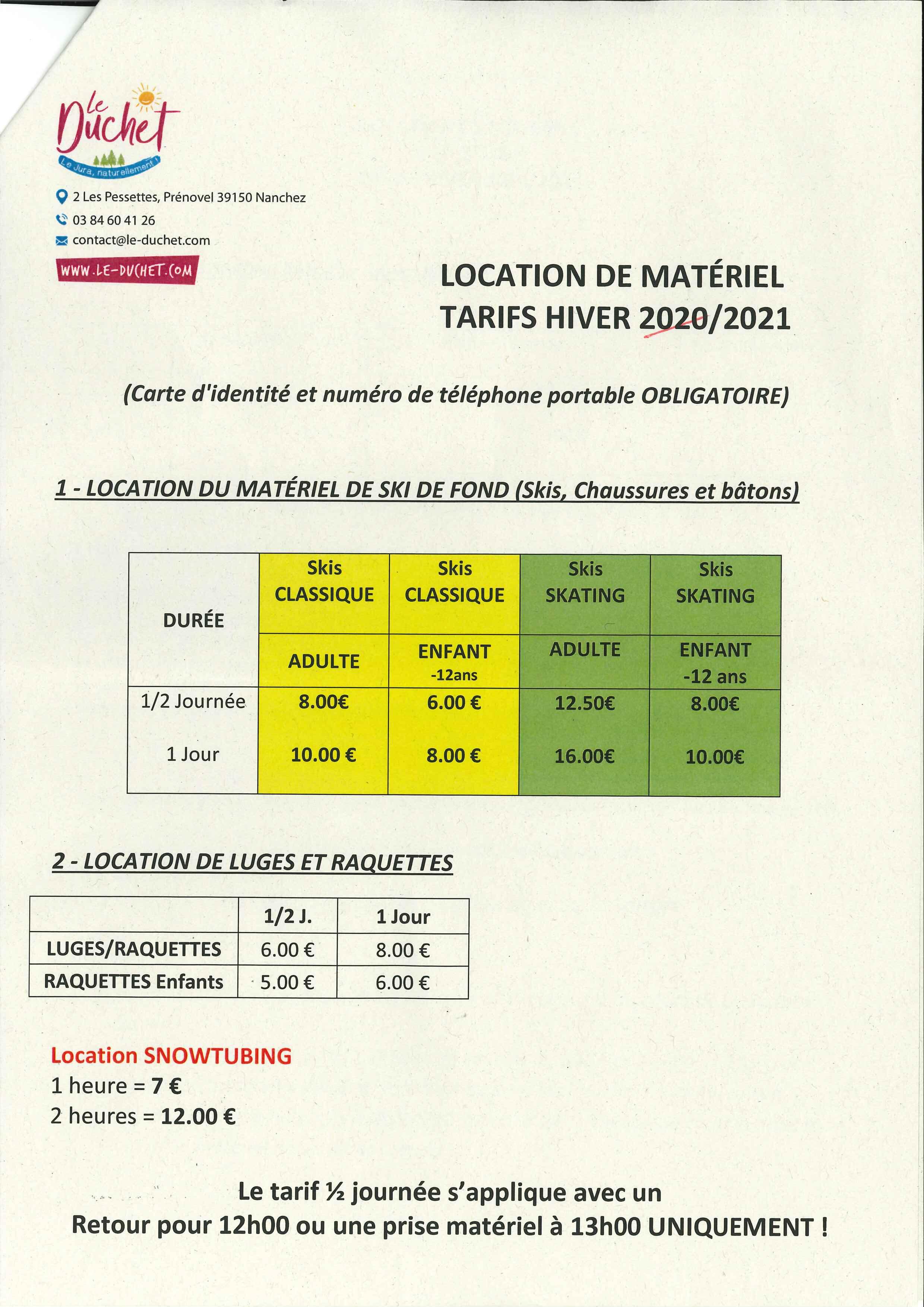 Tarifs hiver 2020/21 Location de Matériel 