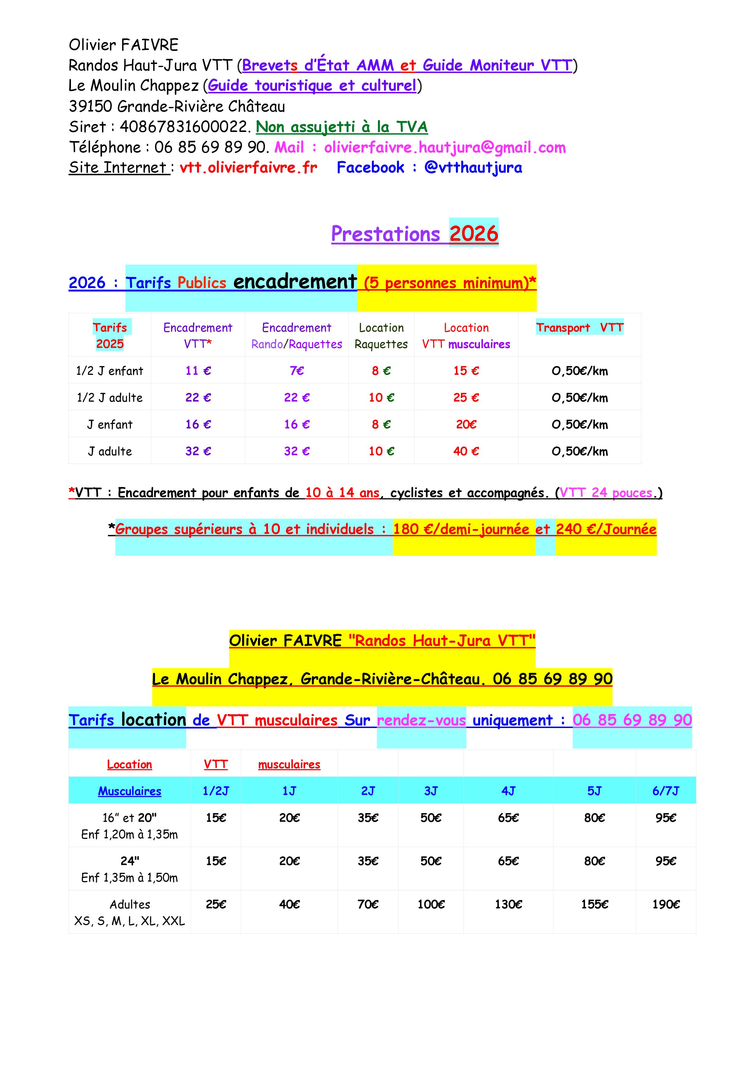 Tarifs Encadr + Loc VTT 26 Public 